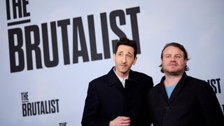 Actor Adrien Brody (L) and director Brady Corbet (R) attend to "The Brutalist" photocall at Hotel Rosewood Villamagna on January 17, 2025 in Madrid, Spain.