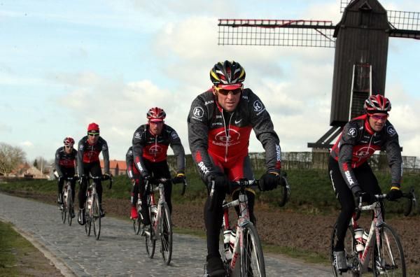 Lance Armstrong rides with his Team RadioShack team-mates the day before Flanders.