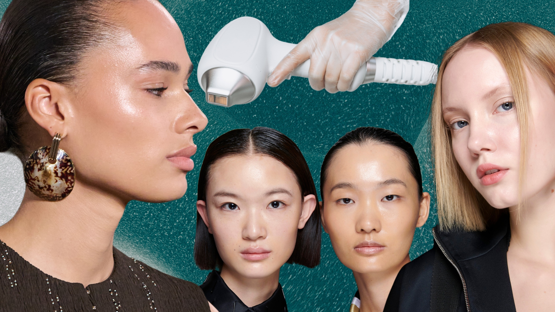 women with great skin and a skin laser on a green background