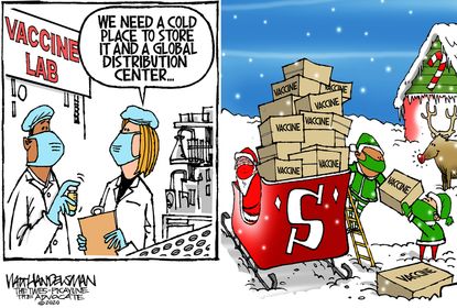 Editorial Cartoon U.S. COVID vaccine Santa Claus north pole