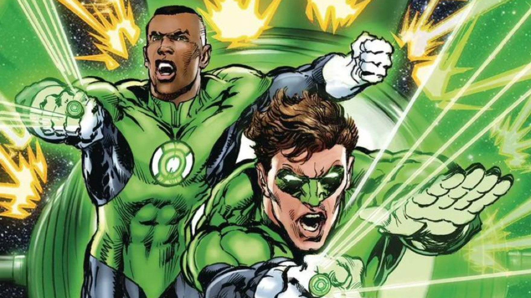 John Stewart and Hal Jordan, two Green Lanterns in action.
