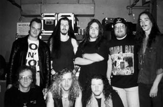 With Metal Blade's Brian Slagel and Mike Faley, and Paradise Lost, Los Angeles, 1993.