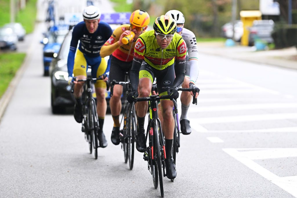OVERIJSE BELGIUM APRIL 12 Johan Meens of Belgium and Team Bingoal WB leads the breakaway during the 63rd De Brabantse Pijl La Fleche Brabanconne 2023 Mens Elite a 2051km one day race from Leuven to Overijse on April 12 2023 in Overijse Belgium Photo by Luc ClaessenGetty Images