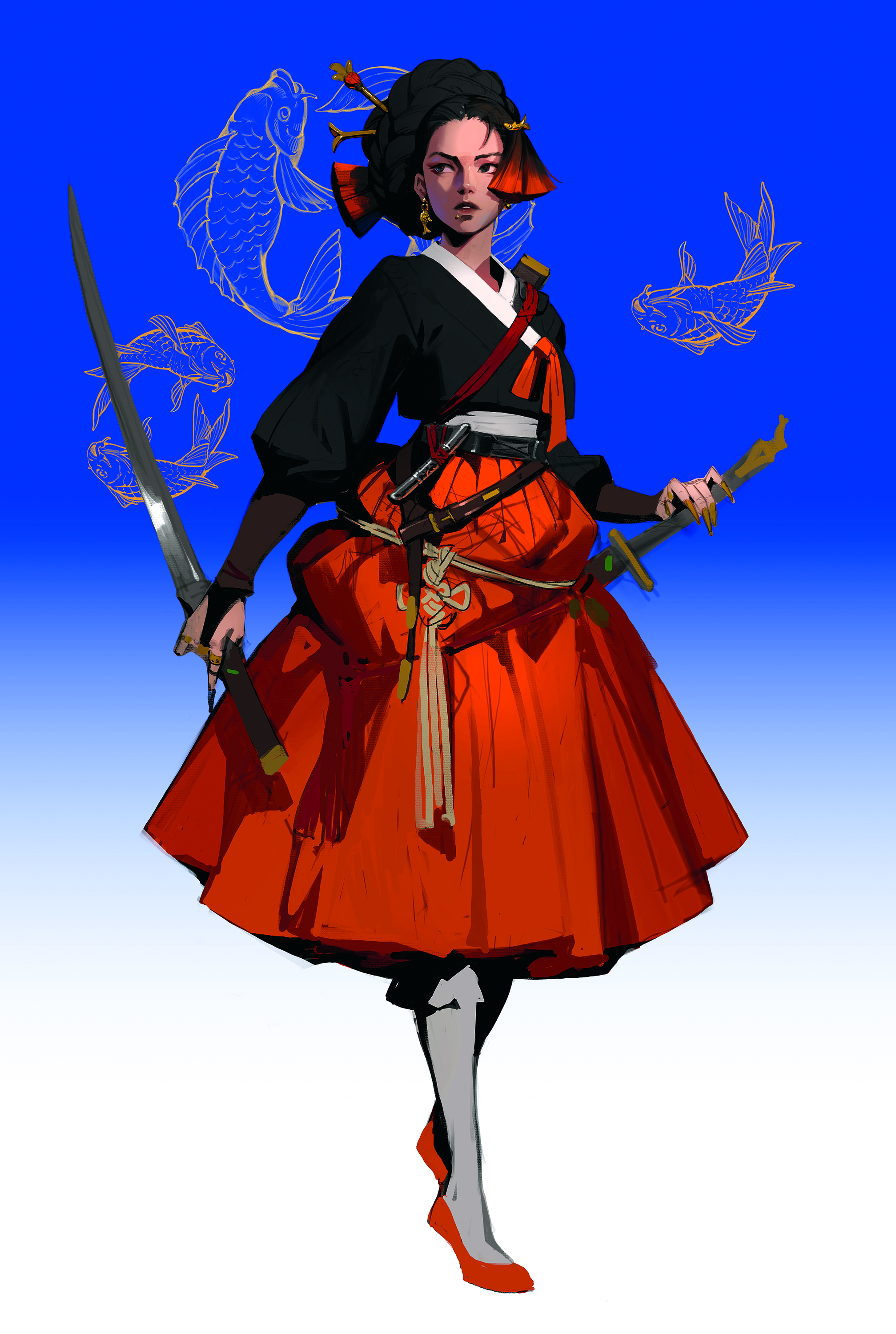 Colourful digital art showing a woman dressed in traditional Korean costume
