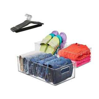 Clothes storage bundle with clear boxes and hangers