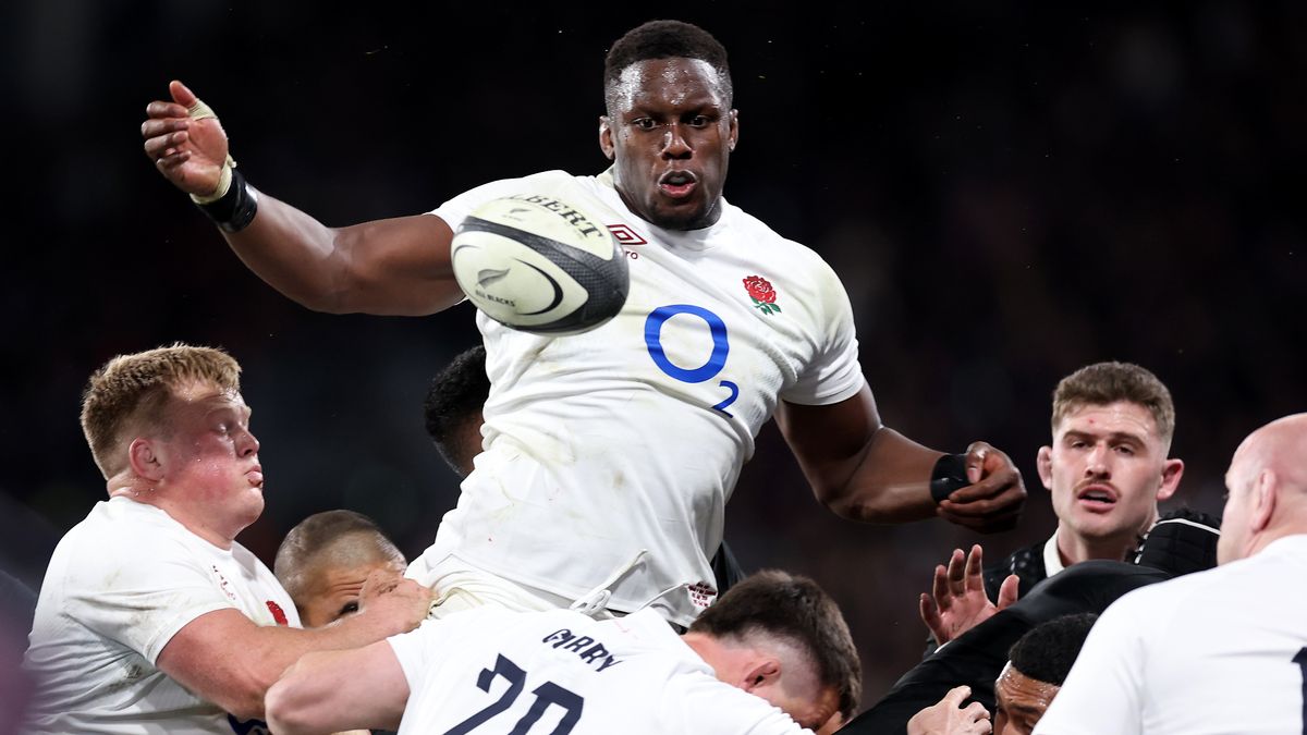 Maro Itoje of England hoisted in the air in the lineout ahead of the England vs New Zealand live stream: How to watch 2024 Autumn Internationals 