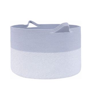 A blue and white storage basket