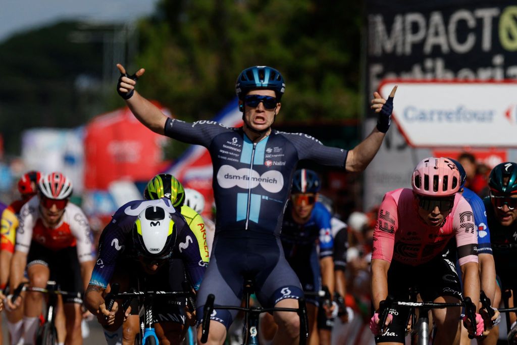 Team Dsms Italian rider Alberto Dainese celebrates winning the stage 19 of the 2023 La Vuelta cycling tour of Spain a 1771 km race between La Baneza and Iscar on September 15 2023 Photo by Oscar DEL POZO AFP Photo by OSCAR DEL POZOAFP via Getty Images