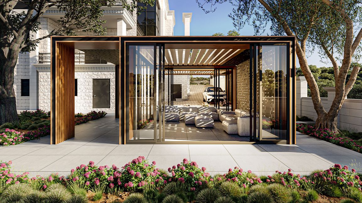 3ds Max 2023 review; a render of a house and trees in a 3d app
