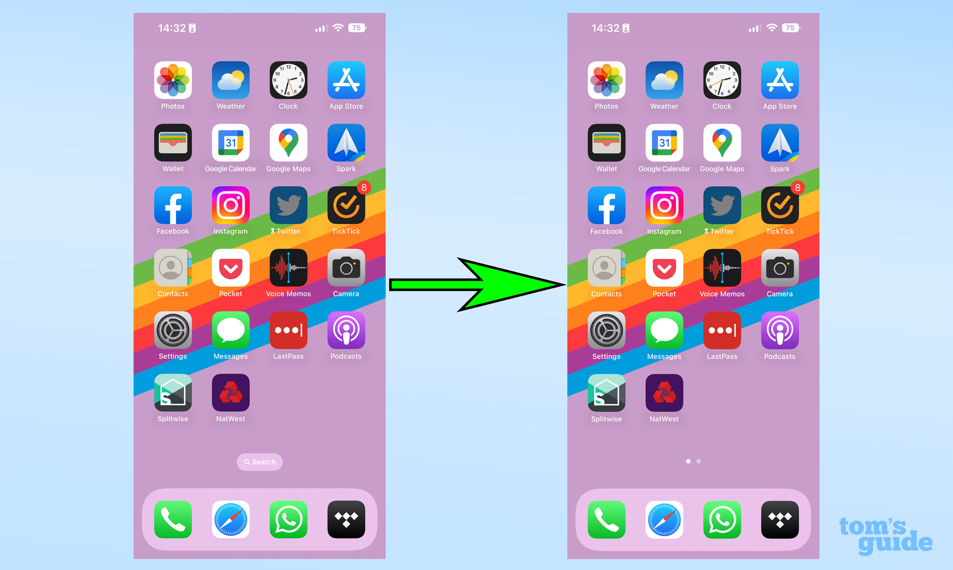 Два снимка экрана, показывающих домашний экран iOS с нижней центральной кнопкой поиска и без нее.