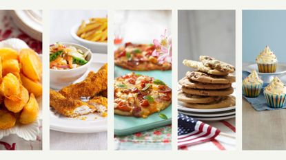Montage of easy food items to support the question of what can I cook in an air fryer including breaded chicken, pizza, cookies and cupcakes