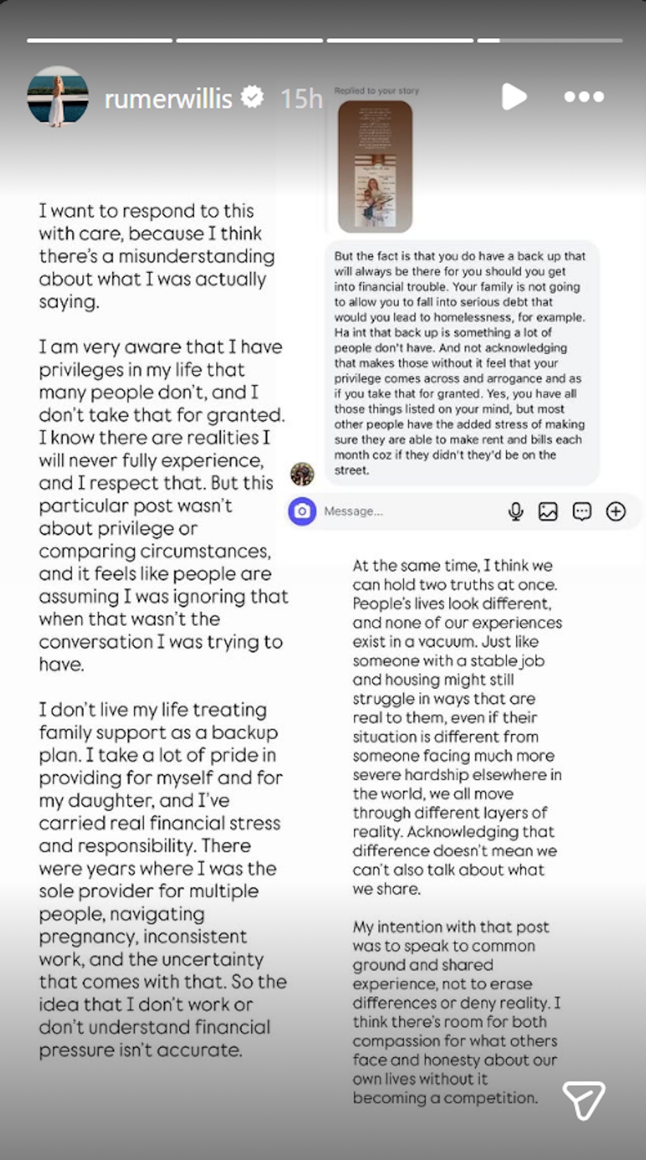 Rumer Willis posts Instagram Stories about being a single mom and refuting fans' claims that she lives off of money from parents Bruce Willis and Demi Moore.