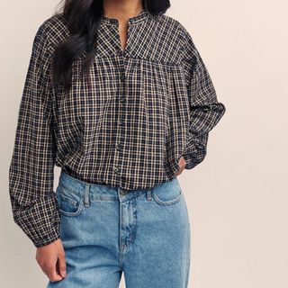 Black Check Long Sleeve Blouse