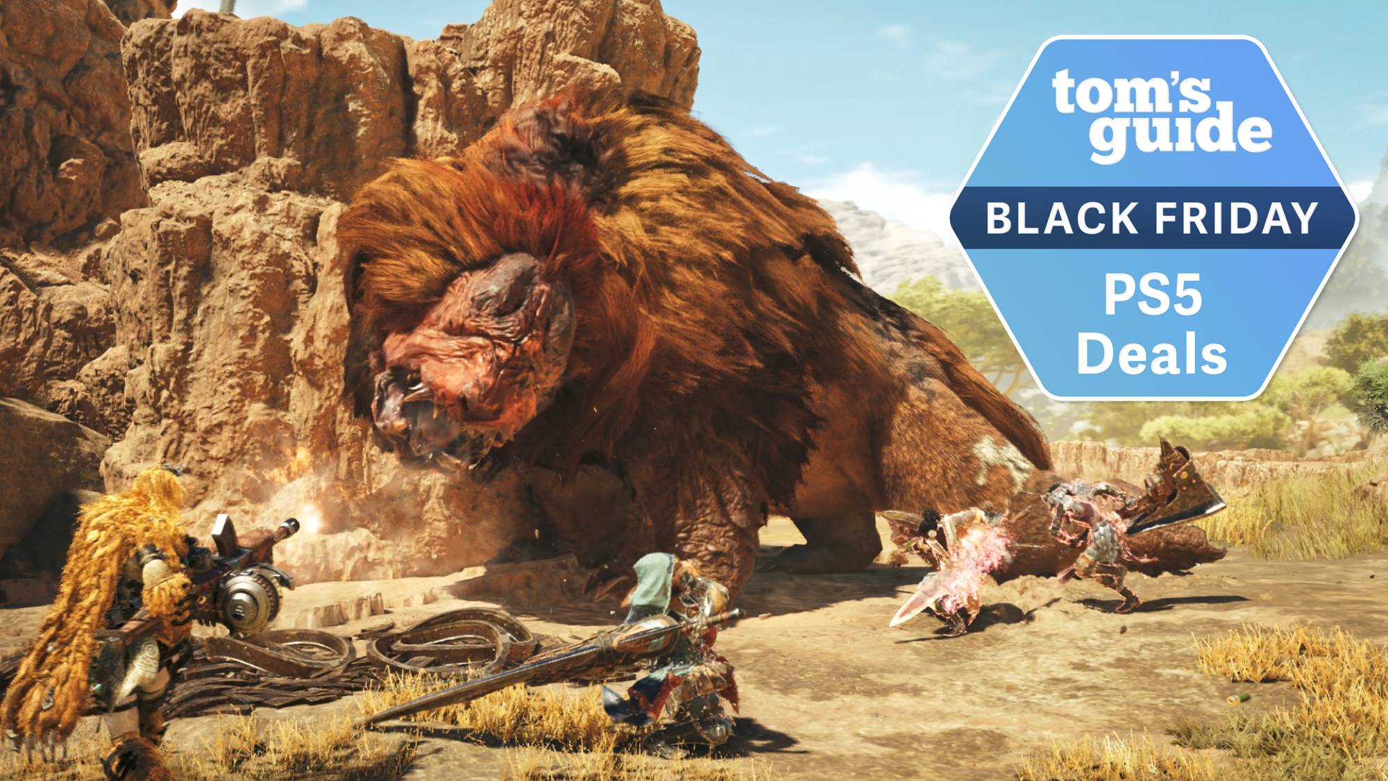 A screenshot from Monster Hunter Wilds with a Tom's Guide Black Friday deals badge