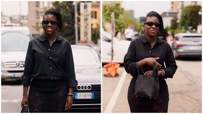 Nikki Ogunnaike wearing black button-down and sheer skirt