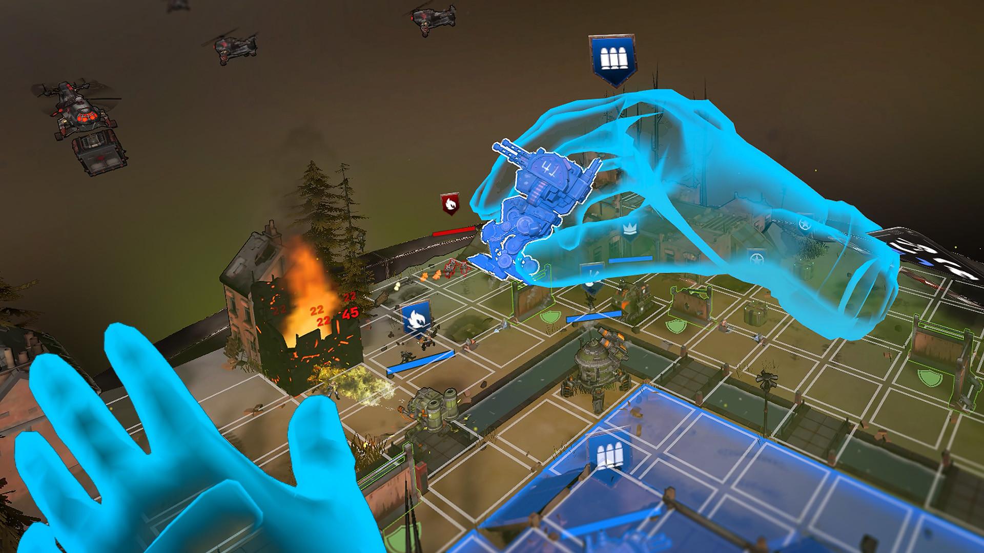 Grit and Valor - 1949 screenshot on PSVR 2 showing two holographic blue hands moving a unit on a grid