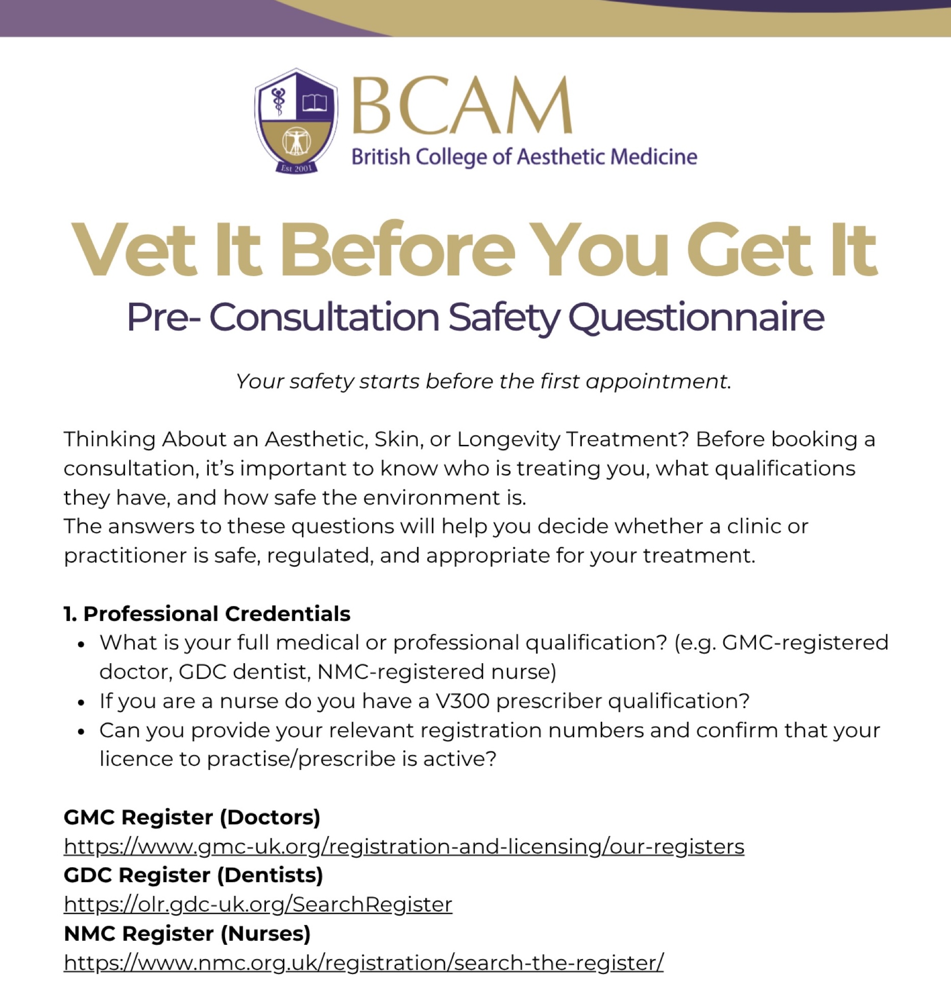 British College of Aesthetic Medicine Vet It Before You Get It questionnaire