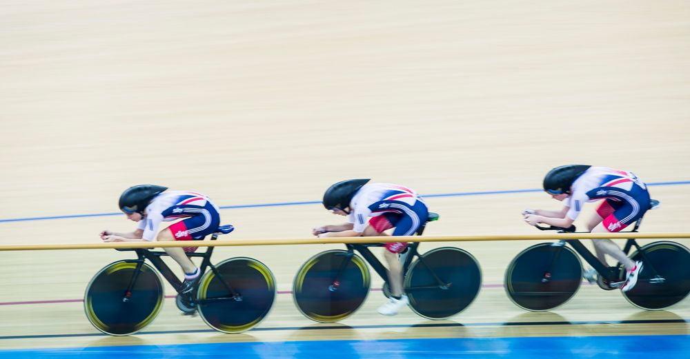 The team of Great Britain with Laura Trott, Elinor Barker, Ciara Horne and Joanna Rowsell-Shand compete on their Women's Team Pursuit