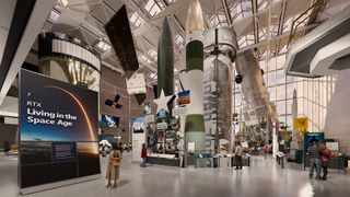 illustration of a white rocket standing in a museum hall surrounded by other space artifacts