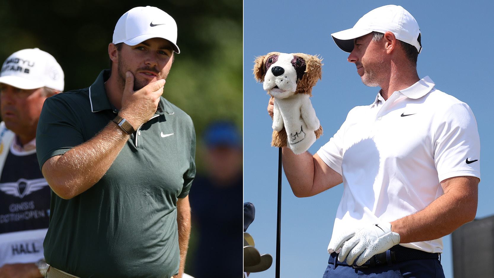 Chris Gotterup walks off the green, Rory McIlroy takes a driver out the bag