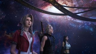 Cloud, Tifa and Aerith stare at the Planetarium