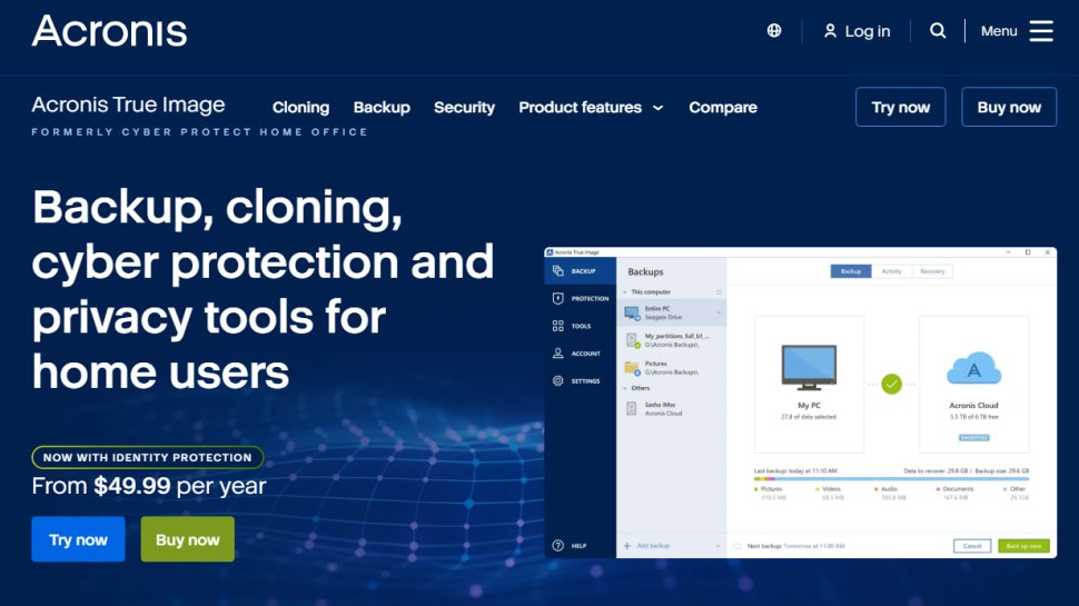 Website screenshot of Acronis (July, 2025)