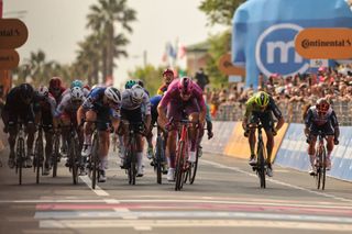Jonathan Milan of Italy and Team Lidl Trek Purple Points Jersey leads the peloton before finish line during the 107th Giro d039Italia 2024 Stage 11 a 207km stage from Foiano di val Fortore to Francavilla al mare is seen in Francavilla al mare Italy on May 15 2024 Photo by Lorenzo Di ColaNurPhoto via Getty Images