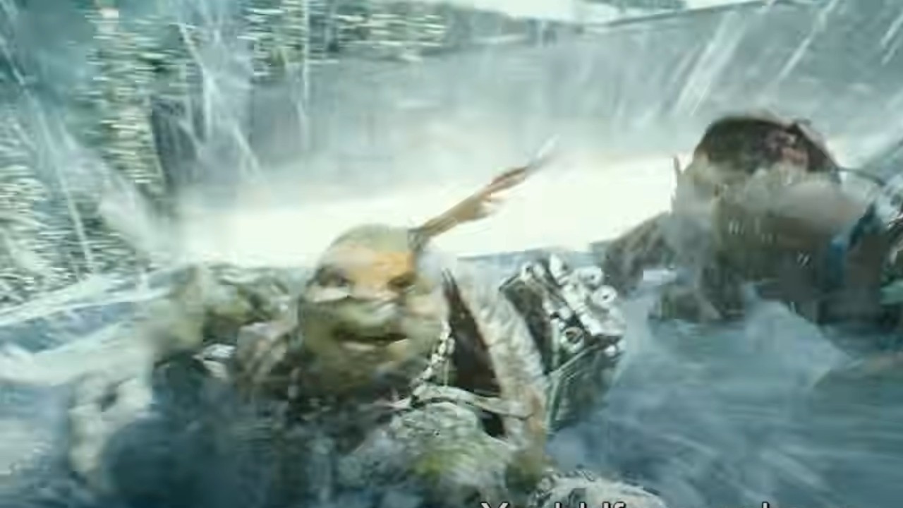 Michelangelo sliding down a hill in Teeange Mutant Ninja Turtles: Out of the Shadows