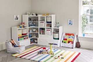 A playroom with storage cubbies