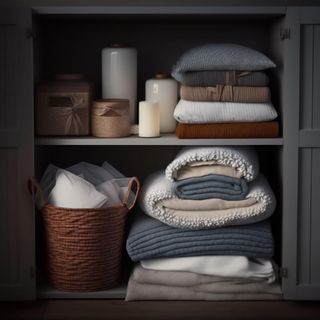 A dark linen closet shelf with organized throws and a basket