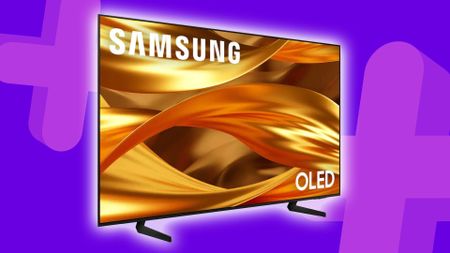 Samsung S84F with purple backdrop featuring GamesRadar+ symbols.