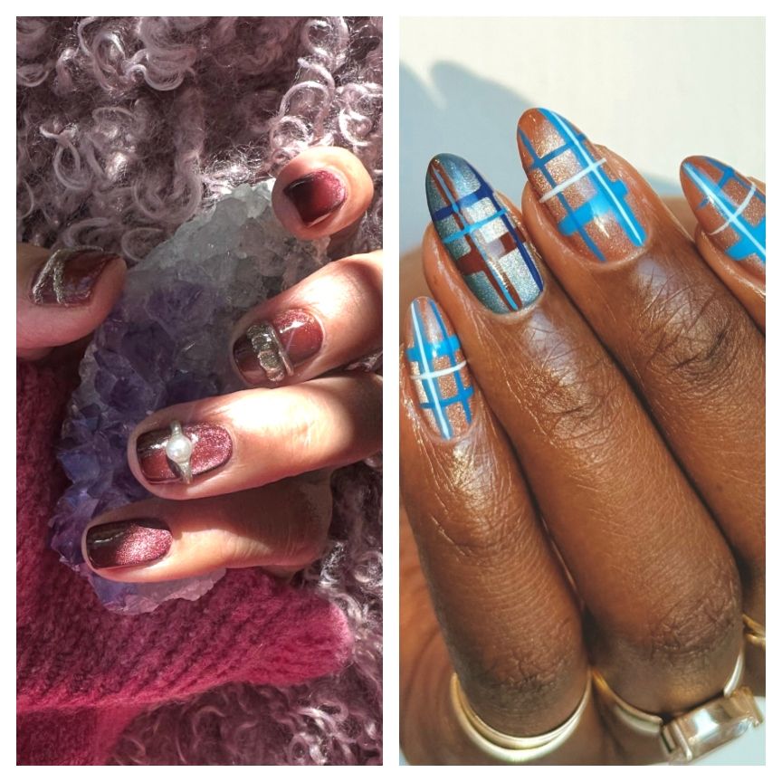 a burgundy manicure on a hand next to a blue plaid manicure on a hand with gold rings