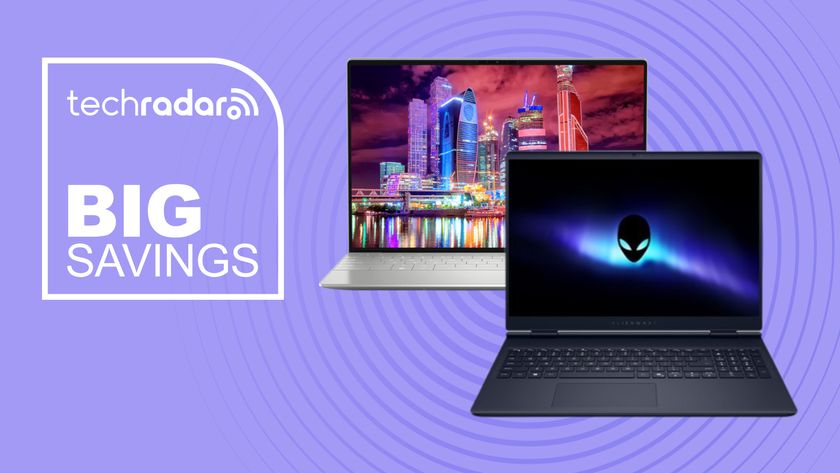 Dell XPS 13 and Alienware Aurora 16 laptops on purple background with big savings text overlay