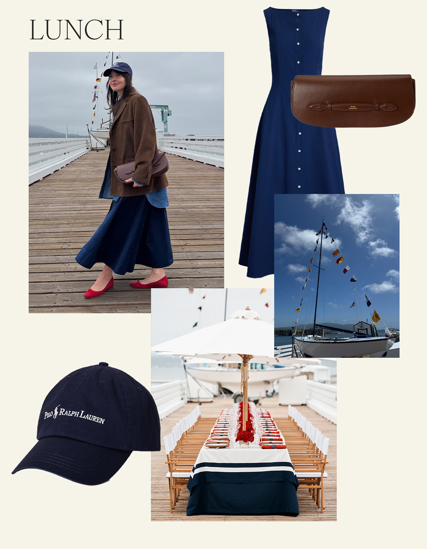 Collage featuring Kat Collings wearing a baseball cap, brown suede jacket, red ballet flats, and navy dress and images of a boat, a long table set for lunch on a dock, and product images.