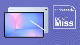 Samsung Galaxy Tab S10 FE Plus on purple background with TechRadar don't miss text