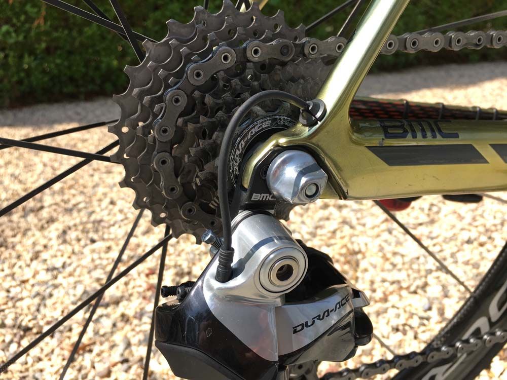 The Shimano Dura-Ace rear mech is fitted to a BMC gear hanger