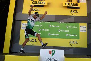 Peter Sagan's podium time at the 2019 Tour de France was spent wearing skiing goggles, to showcase his sponsor, 100%