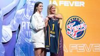 Caitlin Clark and WNBA commissioner Cathy Engelbert at the 2024 WNBA Draft.