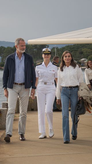 King Felipe and Queen Letizia of Spain and Princess Leonor, walk on 28 September, 2024 in Vilagarcia de Arousa, Pontevedra, Galicia, Spain