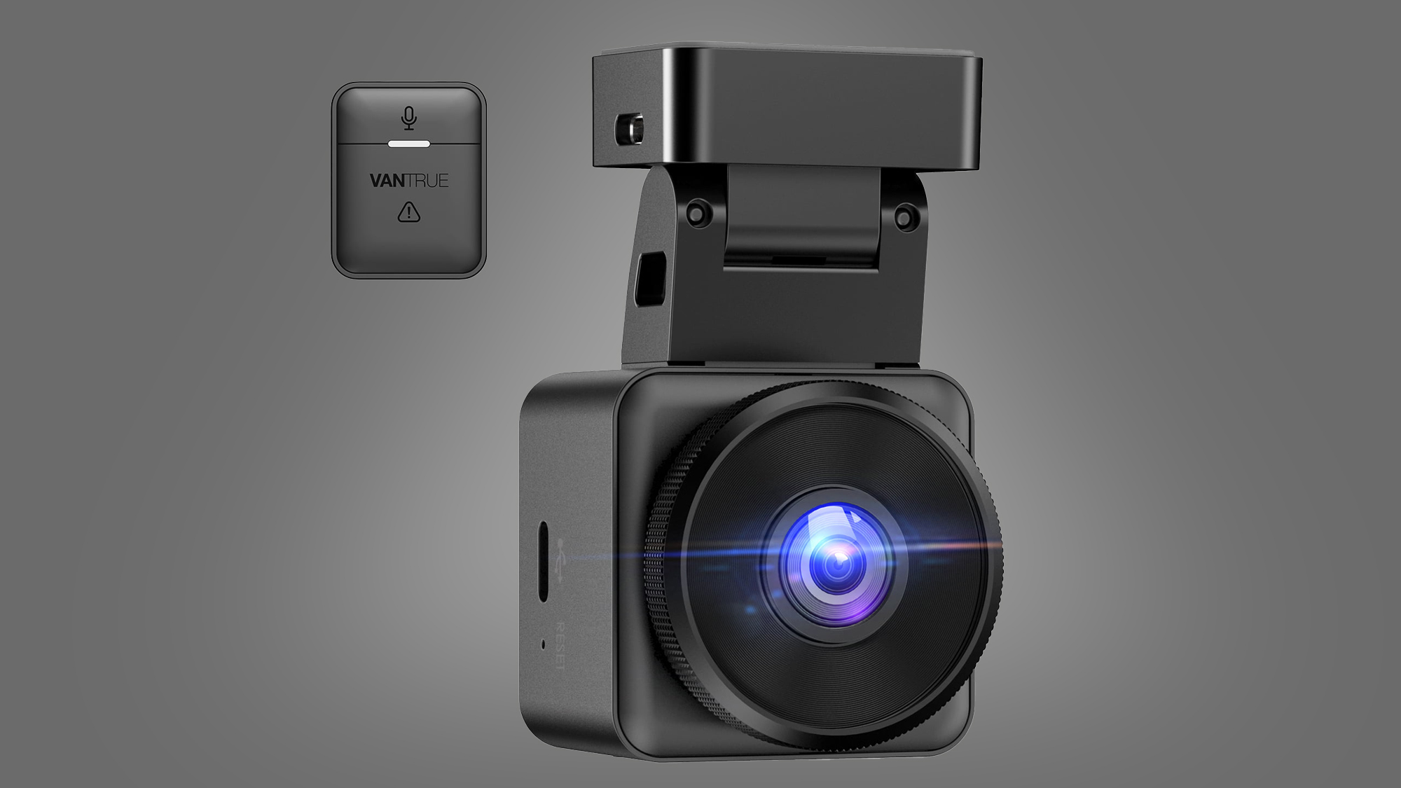 The Vantrue E1 Mini dash cam on a gray background