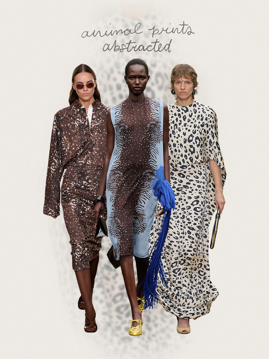 Spring 2026 print trends are shown in a collage of runway images, featuring three models walking down the catwalk wearing the abstract animal print trend. On the left, a model is walking in Tory Burch's fall 2025 runway show, wearing an abstract Bambi-print brown-and-white button-down shirt tucked into a matching pencil skirt, styled with sheer tights, brown sandals, and brown sunglasses. In the middle, a model walking in Ferragamo's spring 2026 runway show is wearing an abstract blue-and-brown zebra-print midi dress adorned with a fringe bow. The dress is styled with yellow sandals, a chunky bangle, and a black bag. On the right, a model walking in Chlo&amp;eacute;'s spring 2026 runway show wearing an abstract cheetah print black-and-white dress styled with nude peep-toe pumps and a black envelope clutch bag.