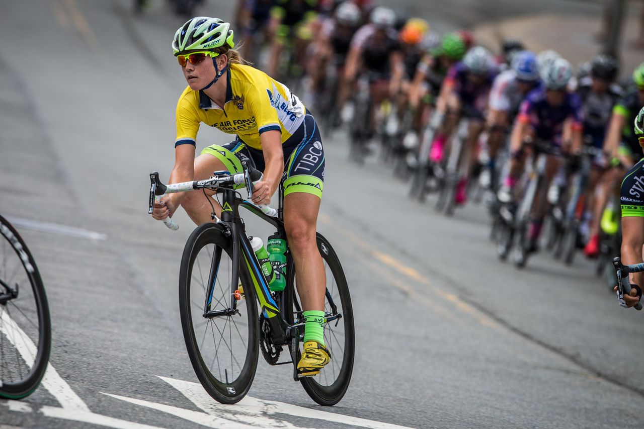 Lauren Stephens (TIBCO) rides safe at the front