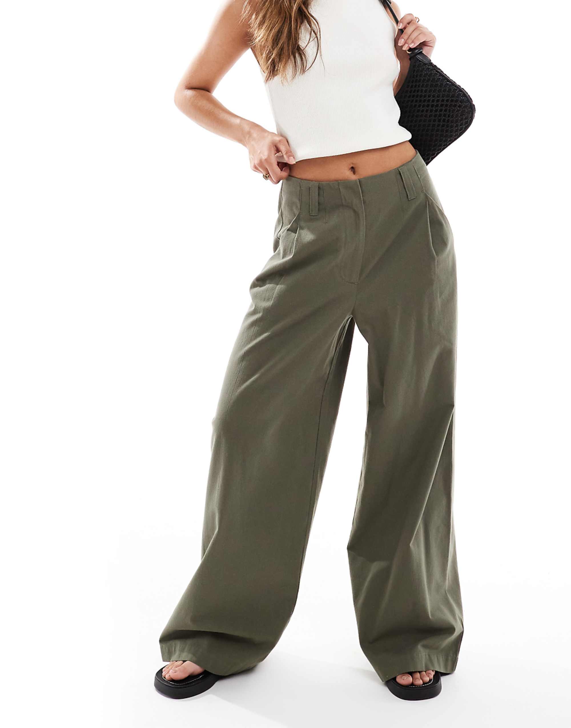 Asos Design Wide Leg Flannel Trousers in Khaki