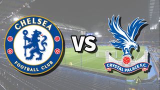 The Chelsea and Crystal Palace club badges on top of a photo of Stamford Bridge in London, England