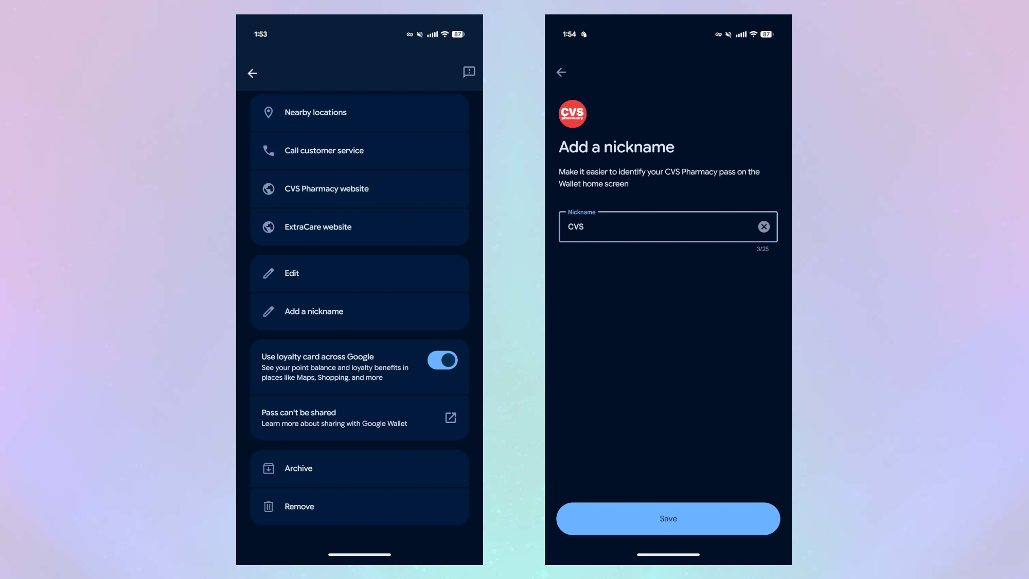 Google Wallet nickname option