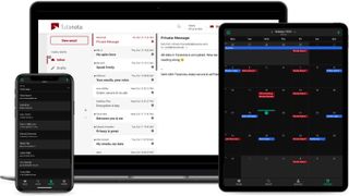 Tutanota's email service on laptop and smartphone screen next to Tutanota's calendar on tablet screen
