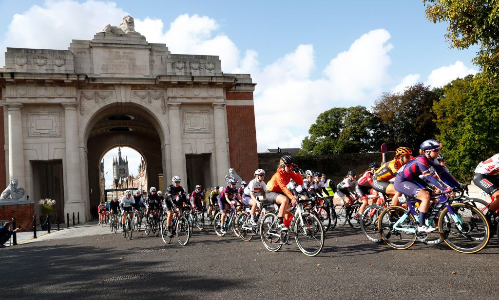 WEVELGEM BELGIUM OCTOBER 11 Start Lisa Klein of Germany and Team Canyon Sram Racing Valeriya Kononenko of Ukraine and Team Ciclotel Emma White of The United States and Rally Cycling Team Peloton Menin Gate Ypres City during the 9th GentWevelgem In Flanders Fields 2020 Women Elite a 1414km race from Ieper to Wevelgem GentWevelgem FlandersClassic on October 11 2020 in Wevelgem Belgium Photo by Bas CzerwinskiGetty Images