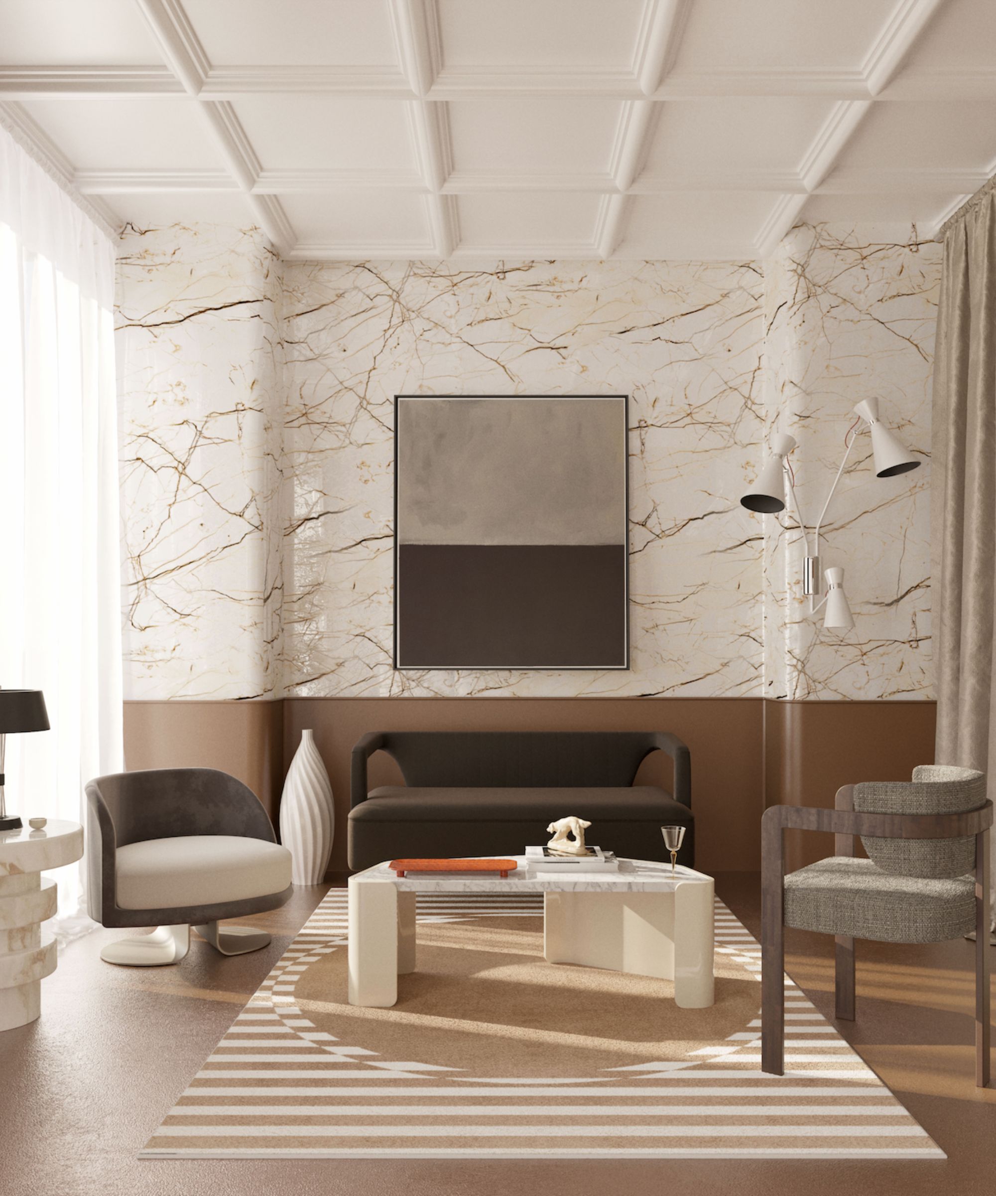 A bold living room with a crisp white coffered ceiling above floor-to-ceiling gold-veined marble wall panelling and a deep brown lower dado. A dark velvet sofa and grey armchairs surround a chunky white marble coffee table on a tan striped rug, with a large abstract artwork as the focal point.
