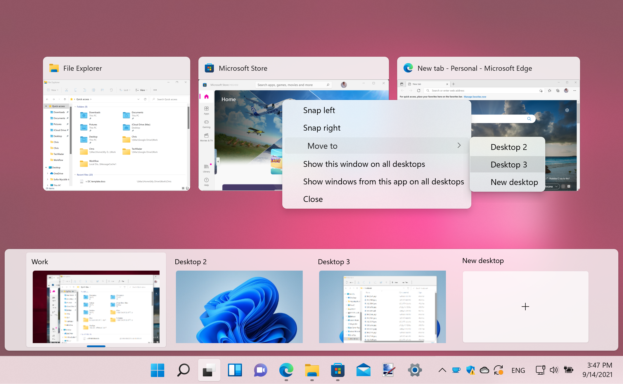 Capture d'écran des bureaux virtuels de Windows 11