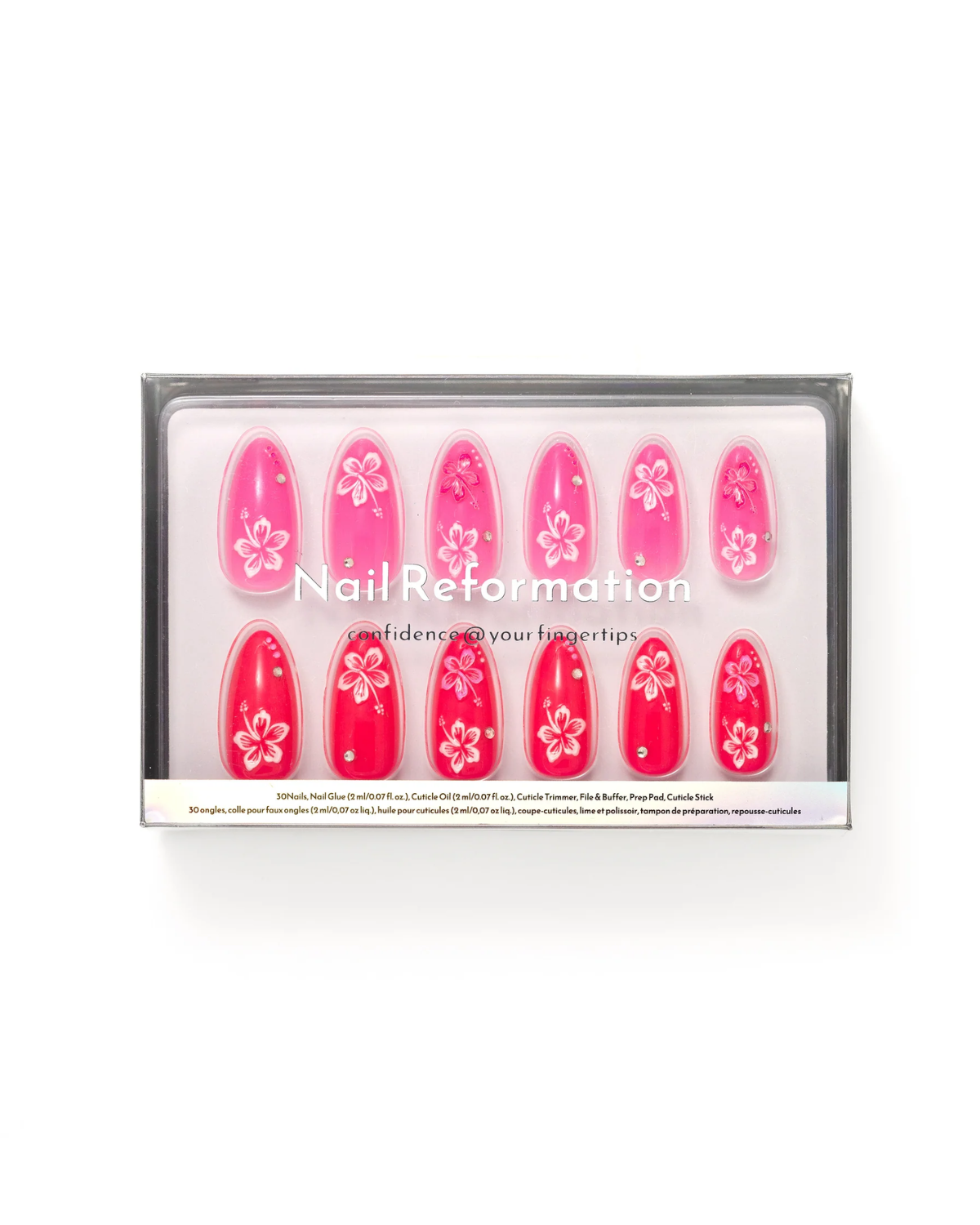 A set of Nail Reformation hibiscus press ons.